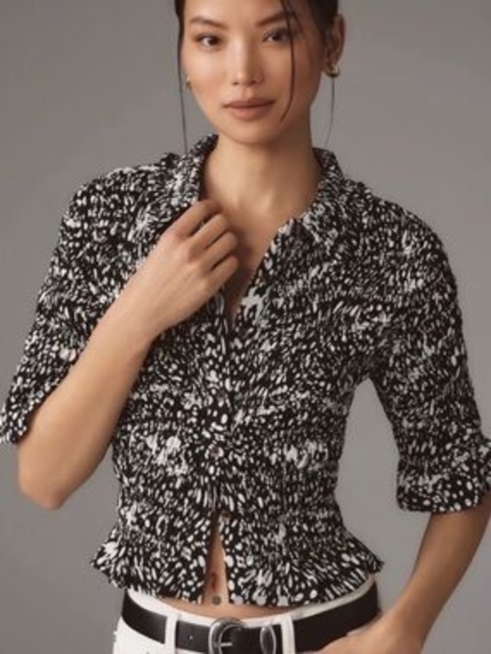 MAEVE Anthropologie Black and White Printed Button-Down Peplum Shirt
